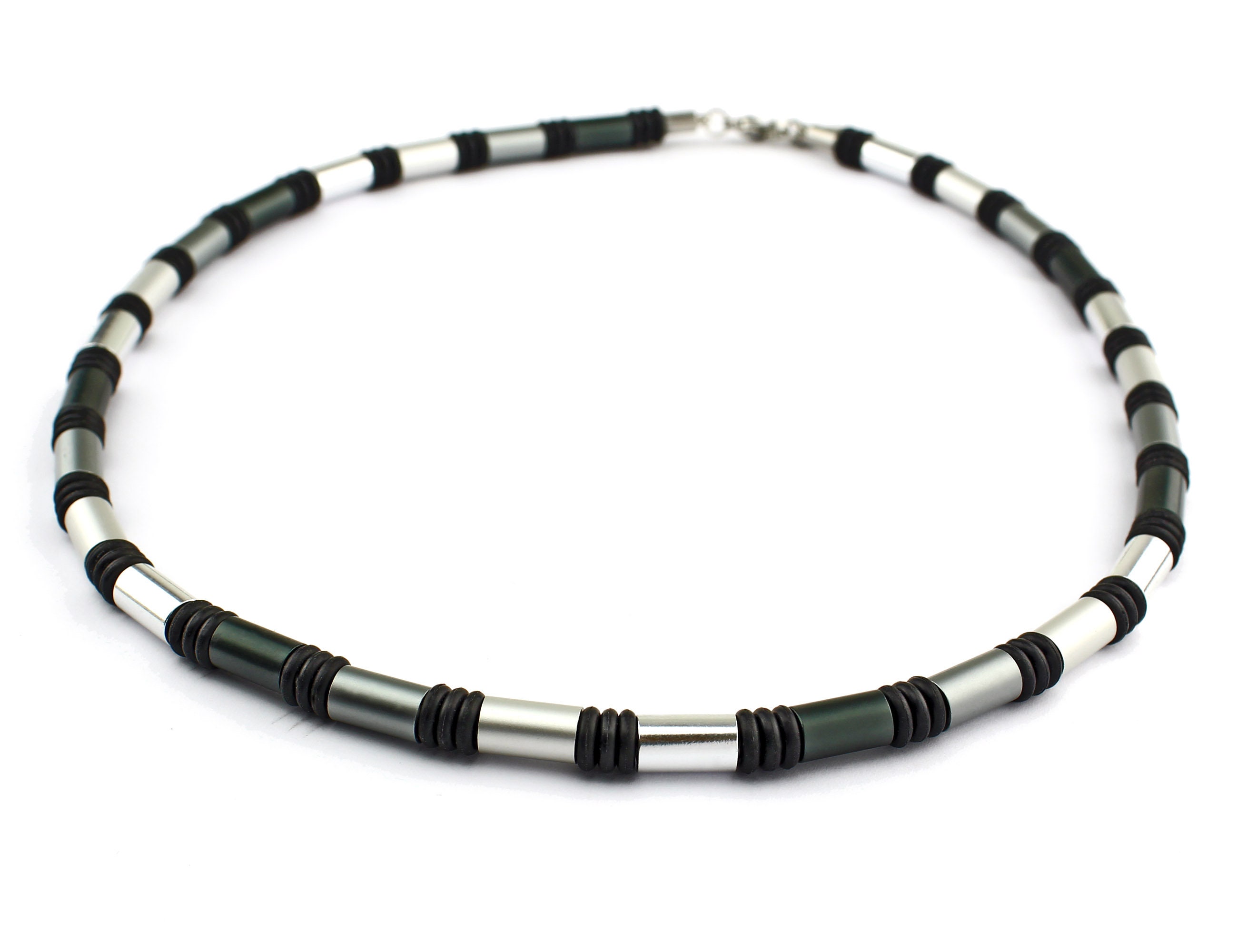 Men's Surfer Turquoise and Silver Bead Necklace Choker Black Rubber Choker 