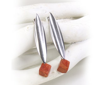 Unusual XL Earrings Coral & Stainless Steel - Minimalist Coral Cube on Long Earring Frame Red Silver Polished