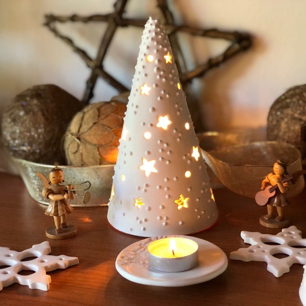 Luminaire en céramique fait main, bougie chauffe-plat en forme de sapin de Noël, décoration de table pour les fêtes, cadeau de Noël original, bougeoir chauffe-plat en céramique