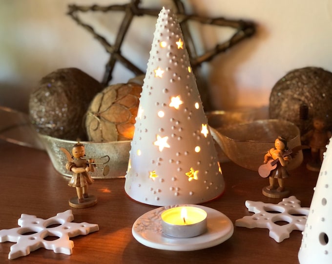 Handmade Ceramic Luminary, Christmas Tree Tealight Lantern, Holiday