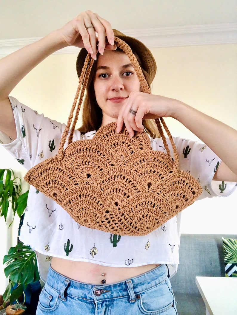 Hand Knitted Shell Pattern Shaped Natural Paper Yarn Bag Etsy