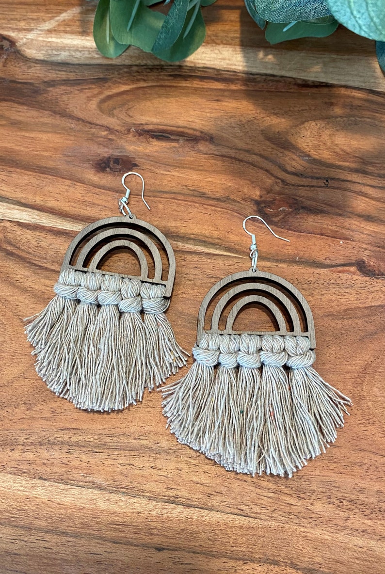 BOHO Tassel Earrings Mother/'s Day Gift Laser Cut Wood Rainbow Custom Rainbow Macrame Earrings Statement Earrings PRIDE Jewelry
