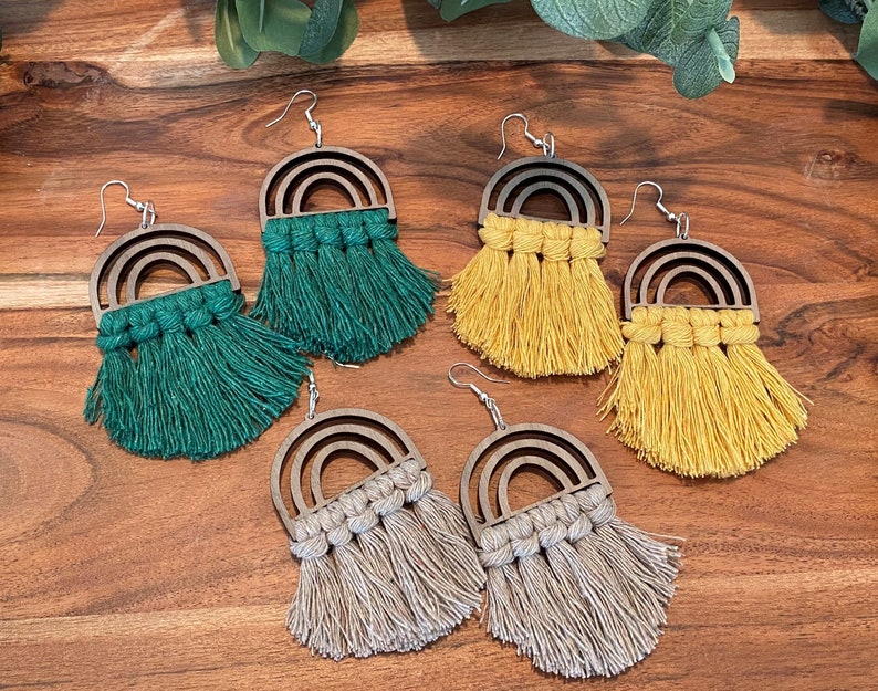BOHO Tassel Earrings Mother/'s Day Gift Laser Cut Wood Rainbow Custom Rainbow Macrame Earrings Statement Earrings PRIDE Jewelry