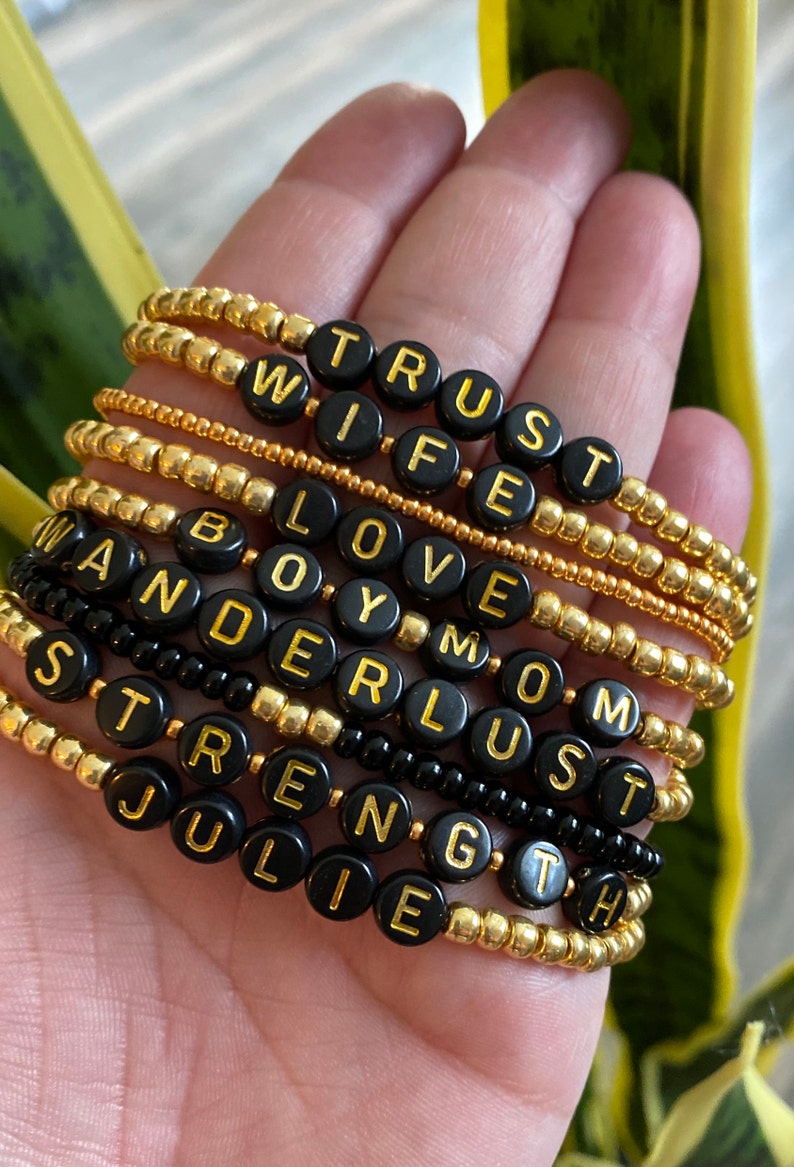 Custom Bead Bracelet Black & Gold Personalized Name Etsy