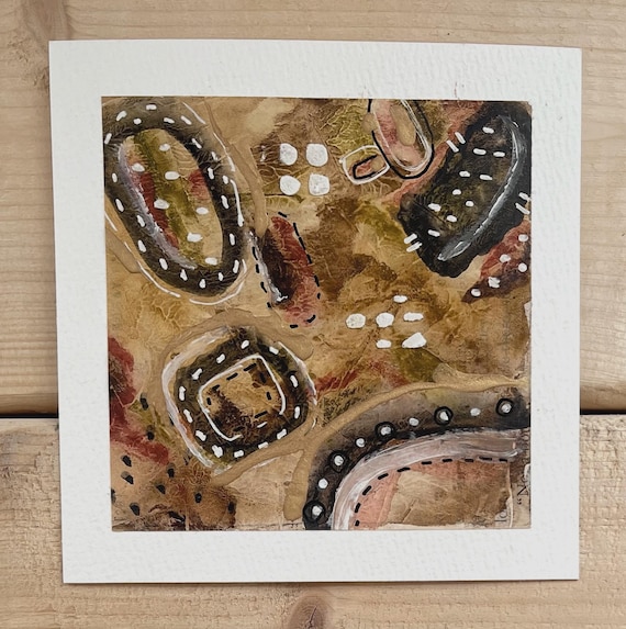 小さな抽象ミクストメディア絵画：テクスチャのあるアースカラー、5x5