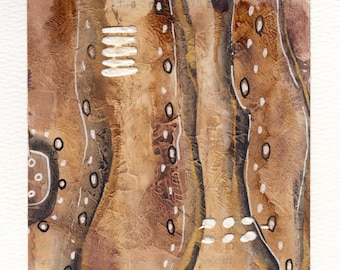 Textured Abstract Painting: Neutral Colors, Gold Ink, 5x5 Mounted Art