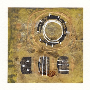 Originale dipinto astratto da parete verde oro 5x5 montato su acquerello primitivo tribale dipinto a mano unico nel suo genere tecnica mista firmato