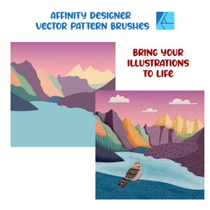Peut inclure: Image promotionnelle pour les pinceaux de motifs vectoriels Affinity Designer. L'image présente deux illustrations de paysages avec des montagnes, de l'eau et un oiseau. Le texte indique "Affinity Designer Vector Pattern Brushes" et "Bring Your Illustrations to Life."