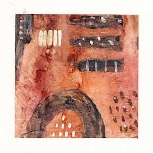 Dipinto astratto originale strutturato, colori caldi della terra, 5x5, montato su acquerello, tribale primitivo, dipinto a mano, unico nel suo genere, tecnica mista