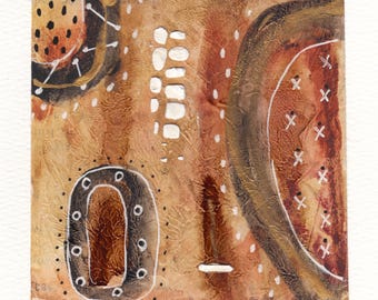 Puede incluir: Pintura abstracta con formas marrones, blancas y negras sobre un fondo texturizado. La pintura presenta una variedad de formas geométricas, incluyendo círculos, óvalos y rectángulos.