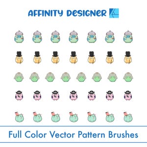 May include: A set of 45 vector pattern brushes featuring cute cartoon cats wearing different hats and accessories. The cats are in various colours, including blue, green, pink, and yellow. The hats include a detective hat, a top hat, a winter hat, a pirate hat, and a cat ear hat. The brushes are perfect for adding a fun and whimsical touch to your designs.