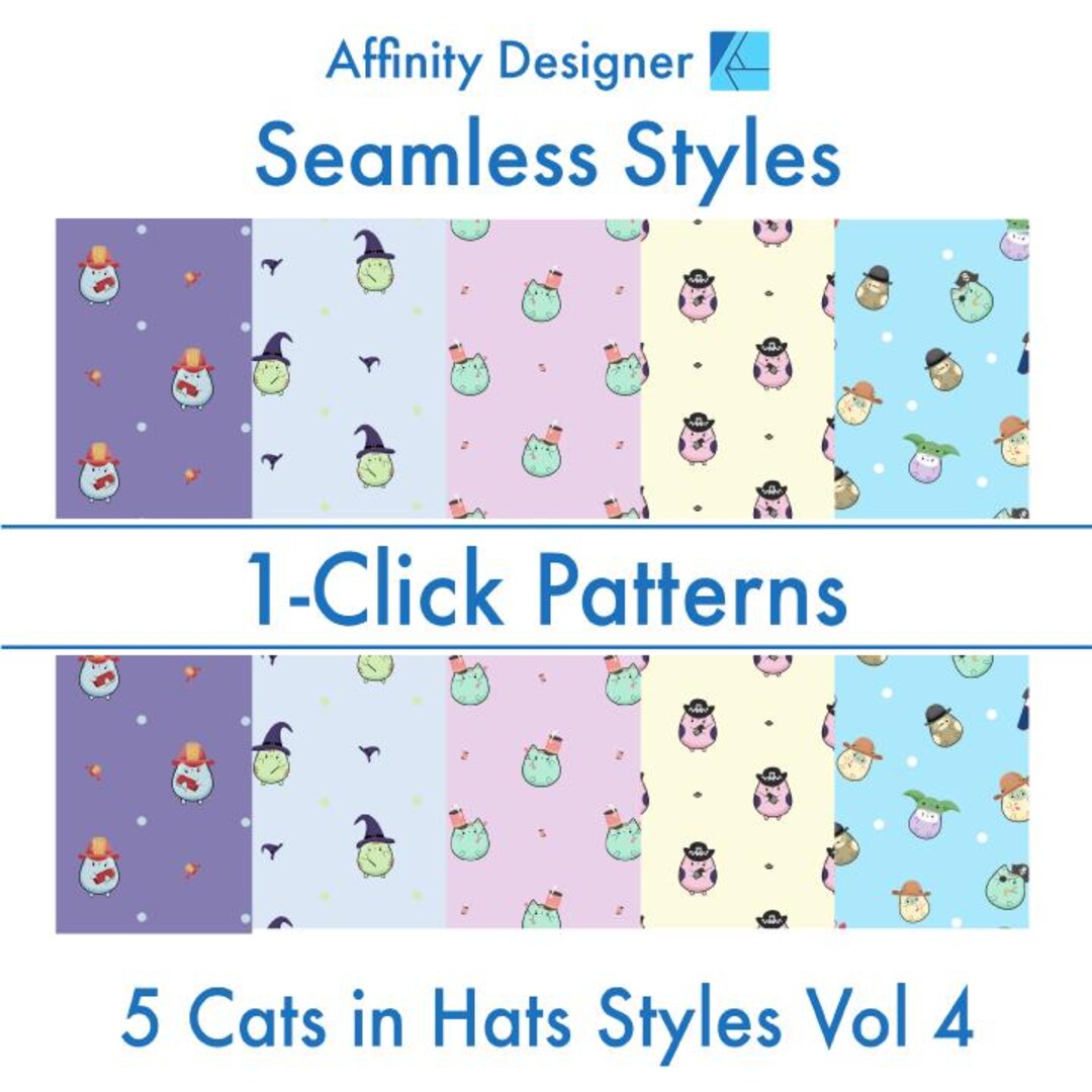 Affinity Designer 1-click Seamless Pattern Set | Kawaii Cats in Hats ...