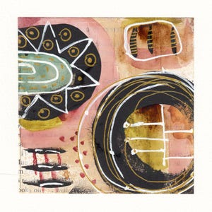 Dipinto ad acquerello astratto colorato caldo originale, tecnica mista, firmato, decorazione da parete per la casa, fatto a mano, regalo da collezione, rosa, verde