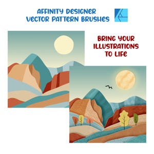 May include: Two digital illustrations of mountains with a layered paper style. The first image features a blue sky with a white sun and a mountain range with brown, orange, and blue layers. The second image features a blue sky with a yellow sun, a mountain range with brown, orange, and blue layers, and three small trees in the foreground.