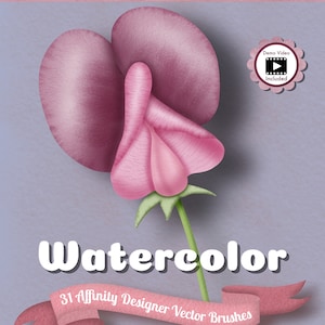 Puede incluir: Un conjunto de 31 pinceles vectoriales de acuarela para Affinity Designer. Los pinceles están diseñados para crear efectos de acuarela realistas. La imagen muestra una flor rosa con un tallo verde. El texto "Watercolor" está escrito en letras blancas sobre un fondo azul claro. Una cinta rosa con el texto "31 Affinity Designer Vector Brushes" está en la parte inferior de la imagen.