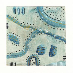 Dipinto astratto originale firmato OOK Acquerello Wall Art Home Decor dipinto a mano da collezione regalo tecnica mista blu Boho Mark Making