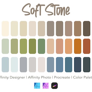 May include: A color palette titled "Soft Stone" featuring a collection of rectangular color swatches in various shades of beige, green, orange, and blue. The palette is designed for Affinity Designer, Affinity Photo, and Procreate.