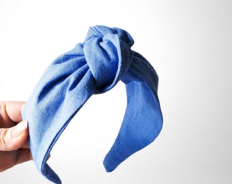 Bandeau noué bleu clair lin haut noeud bandeau turban, bandeau de cheveux pour les femmes, bandeau de torsion de style boho, bandeau de noeud fait à la main