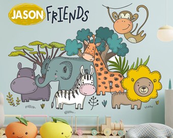 Personalized Jungle Animal Wall Decal For Nursery Wall Decor, Kids Nursery Wall Sticker - Animals Wall Decor, Children's Room Decor 1086ES