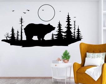 Pine Tree Forest Wall Decal, Bear and Tree Wall Decals, Nursery Wall Decals, Forest Mural, Forest Scene Decals,Children's Decals Birds 794ES