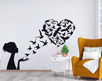 Birds Wall Vinyl Art Decal, Girl Flying Birds Vinyl Sticker, Girl wall Decal, Nursery Wall Decal, Birds Wall Decor, Living Room Decal 818ES