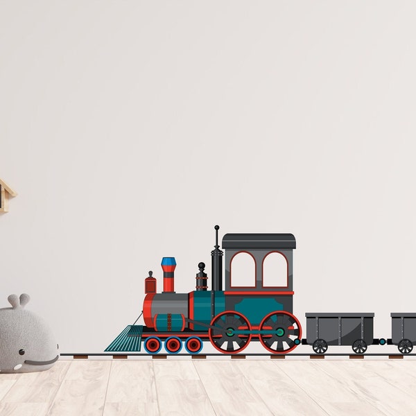 Blue Train #44 Wall Decal With Optional Tracks - 9x30 Inch, Oracal 651 Vinyl, Waterproof, Removable