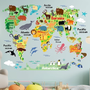 World Map Animal Tree Fish Wall Art Decal Sticker, Kids Nursery Wall Sticker Decor World Map Wall Decal Mural Bedroom Kids Room Gifts 1094ES