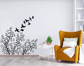 Flying Birds From Tree Wall Decal, Tree Birds Leaf Vinyl Sticker, Tree Decal, Nursery Wall Decal, Tree Wall Decor, Living Room Decal 814ES