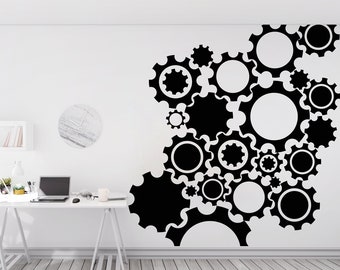 Gear Mechanism Wall Decal, Technology Vinyl Wall Art Decals, Gamer Room Decal, Computer IT Decor, Gear Software Science Wall Sticker 1404ES