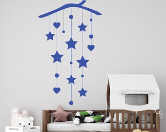 Hanging Stars and heart, Nursery Wall Decal For Baby Room Decorations, Mural Wall Decal Sticker For Home Children's Bedroom, Girl Boy 251ES