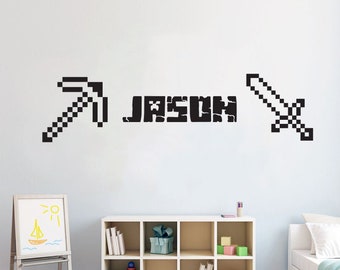 Personalized Gaming Wall Decal Sword Pickaxe decal Kids Room vinyl Video Gamer wall stickers mural vinyl console decal custom wall art 269ES