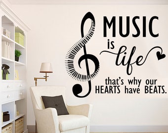 Music Wall Decal, Music Wall Sticker, Music Quotes Decals, Piano wall decal, Musician home decor,Music Is Life,Music Decor,Music Mural 460ES