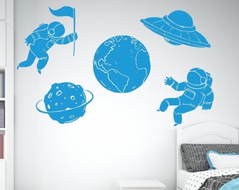 Astronaut Wall Decals, Space Wall Art Decor, Space Moon Wall Decal, Astronaut Room Decor, Nursery Mural Decor, Playroom Vinyl Sticker 1119ES