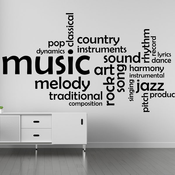 Musique Wall Art Decal, Citations de musique Musique Mots Décoration murale, Sticker mural de musique, Art mural de musique, Décoration intérieure de musicien, Cadeaux de musique Mural 1193ES