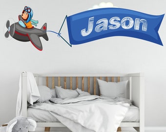 Airplane Wall Decal, Airplane and Name Banner Wall Decal, Airplane Wall Art Boys Airplane Wall Sticker Aviation Nursery Room Wall Art 1383ES