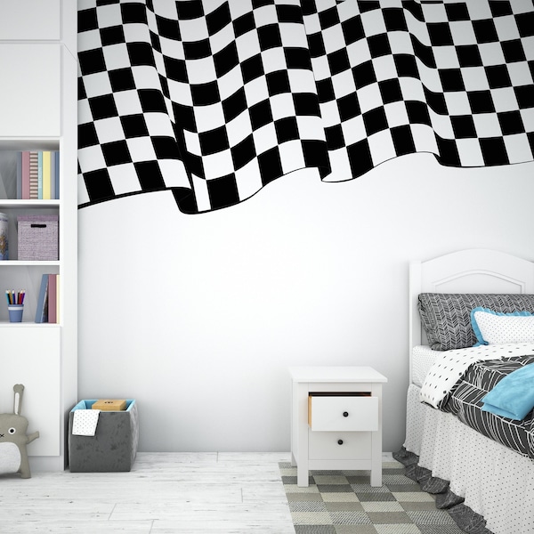 Race Flag Wall Vinyl Decal Home Decor Art Sticker Sports Racing Car Checkered Flag Boy Racer Kids Room Nursery Finish flag Mural Art 1083ES