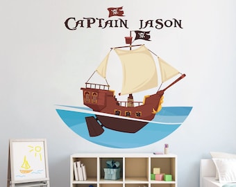 Personalized Ship Wall Decal, Pirate wall vinyl decal, Sail Sea Ocean stickers, Playroom Kids room wall art, Boys Bedroom wall decor 1006ES