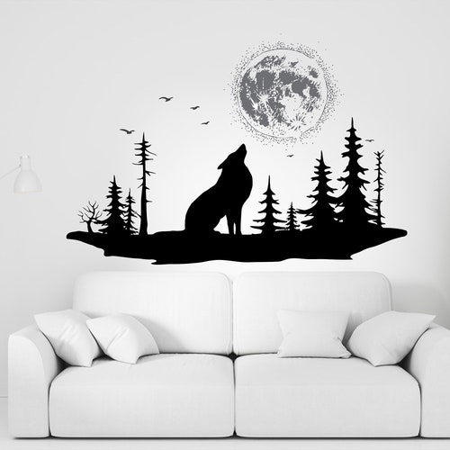 Wolf Crescent Moon Wall Art Sticker Howling Wolf Vinyl Decal Etsy