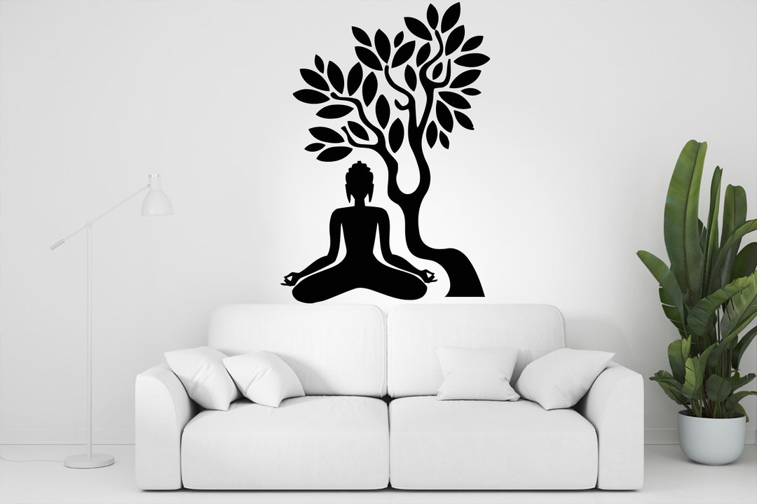 Meditating Yoga Under Tree Wall Decal Flower Namaste Vinyl Sticker Decor Bedroom Design Mural