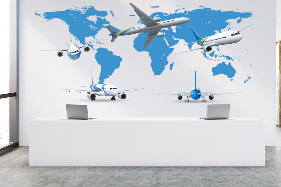 Travel Agency Decoration Airplanes Wall Decal World Map Wall Etsy