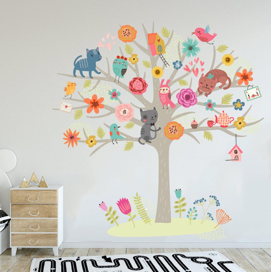 Tree Birds Cats and Flower Wall Art Decor Kids Room, Tree Wall Decals ...