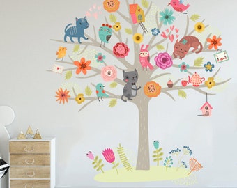 Tree Birds Cats and Flower Wall Art Decor Kids Room, Tree wall decals, Tree murals stickers, Kids Interior Home Decor Kids Room Gifts 916ES