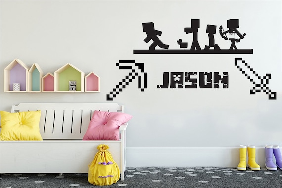 Personalized Gaming Wall Decal Kids Room Vinyl Sword Pickaxe Decal