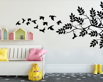 Tree Branch Flying Birds Wall Decal, Tree Bird Leaf Vinyl Sticker, Tree Decal, Nursery Wall Decal, Baby Room Decor, Living Room Decal 737ES