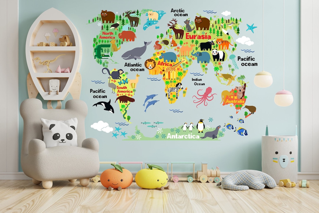 World Map Animal Tree Fish Wall Art Decal Sticker, Kids Nursery Wall ...