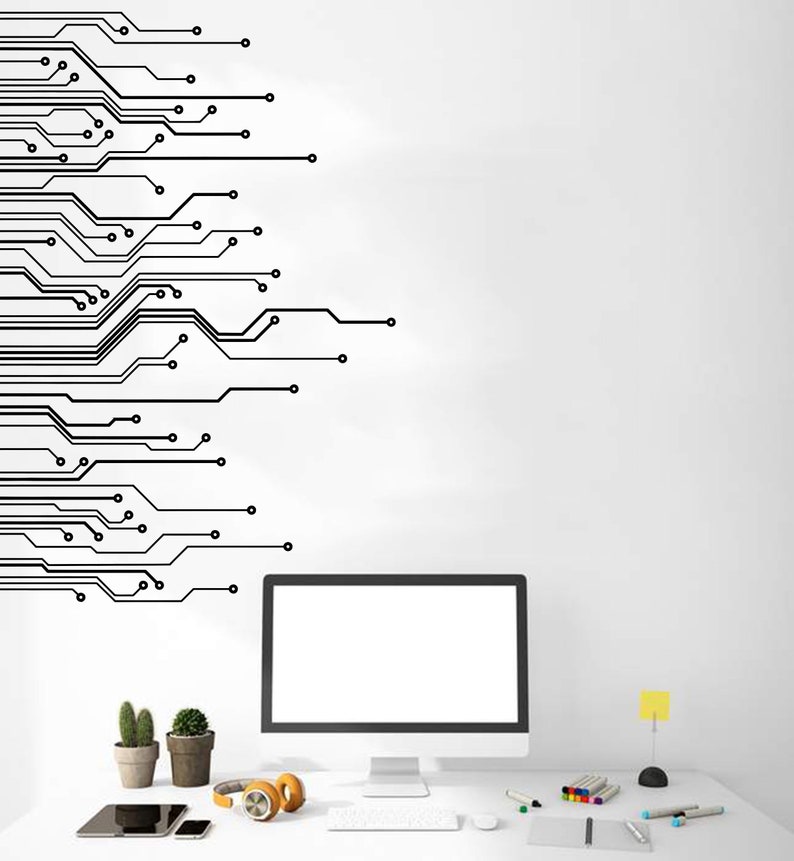 Circuit Board Wall Decal, Technology Vinyl Wall Art Decals, Gamer Room Decal, Computer IT Decor, Software Science Wall Sticker Office 841ES image 1