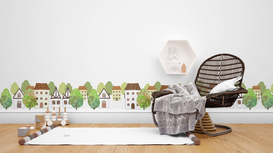 Watercolor Town Village Wall Decal City Wall Decal Nursery Wall Decal