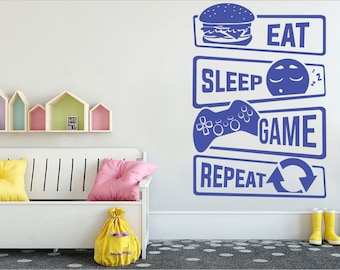 Gamer wall decor Eat sleep game repeat Custom controller decal vinyl wall Video Game Gifts for kids room son daughter Stickers Games 145ES