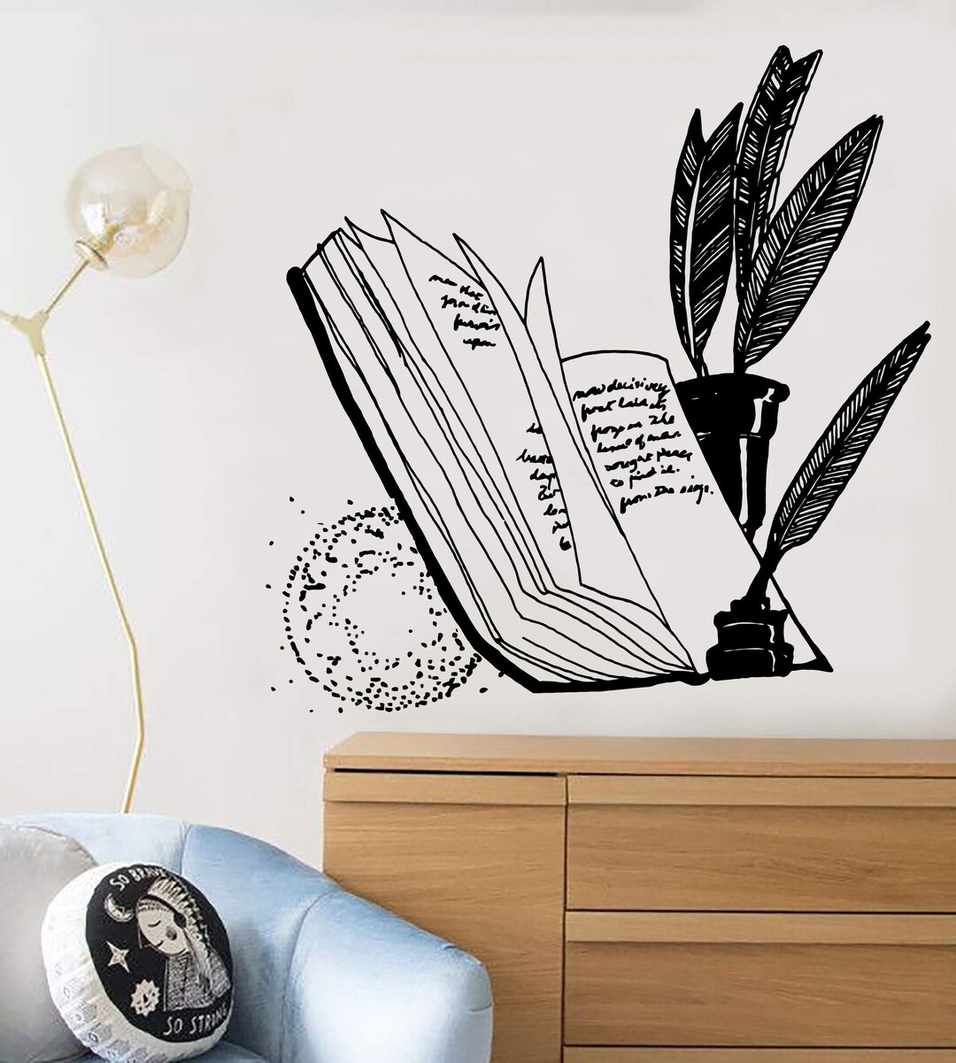 Books With Pen Vinyl Wall Art Decal, Reading Room, Writer Room, Library Wall Decal, Education