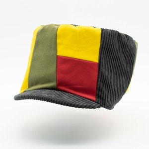 Patchwork Cotton & Corduroy Rasta Cap for Dreadlocks, Handmade Rastafari Hat with Ethiopian Colors